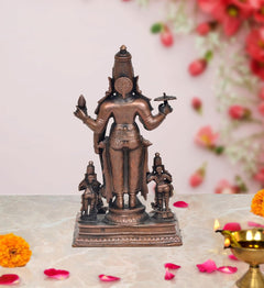 Copper Vishnu avatar idol (rear view) with crown arch and side attendants, 6.5 inch