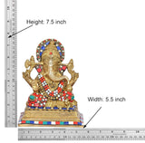 Brass Ganesha idol statue, height 7.5 in, with jeweled crown and beaded garlands