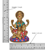Brass Lakshmi figurine, height 5 in, front view with gemstone detailing