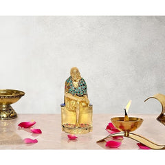 5-inch brass Shirdi Sai Baba statue idol, seated figure with jeweled green robe