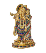 Brass Radha Krishna murti statue, 3/4 angle with ornate jewelry and jeweled base