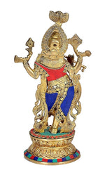 Brass Krishna playing flute figurine in profile, flute raised, red & blue clothing, 12-inch