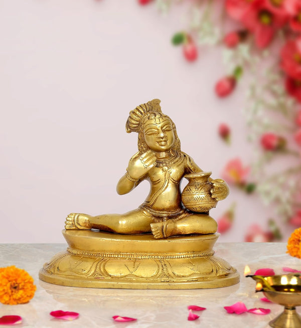 Brass Butter Krishna Bal Gopal Krishna Laddu Gopal Idol Statue | for Pooja Home Decor Mandir | (Height 5 Inch)