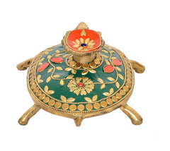 Brass tortoise figurine, close top with red flower insert and green gold-trimmed shell