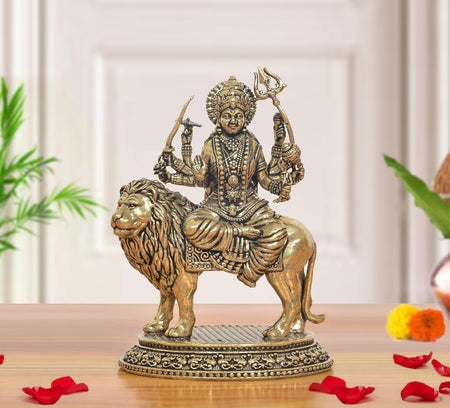 Superfine Brass Durga Maa Idol with Tiger (Height 3 Inch)