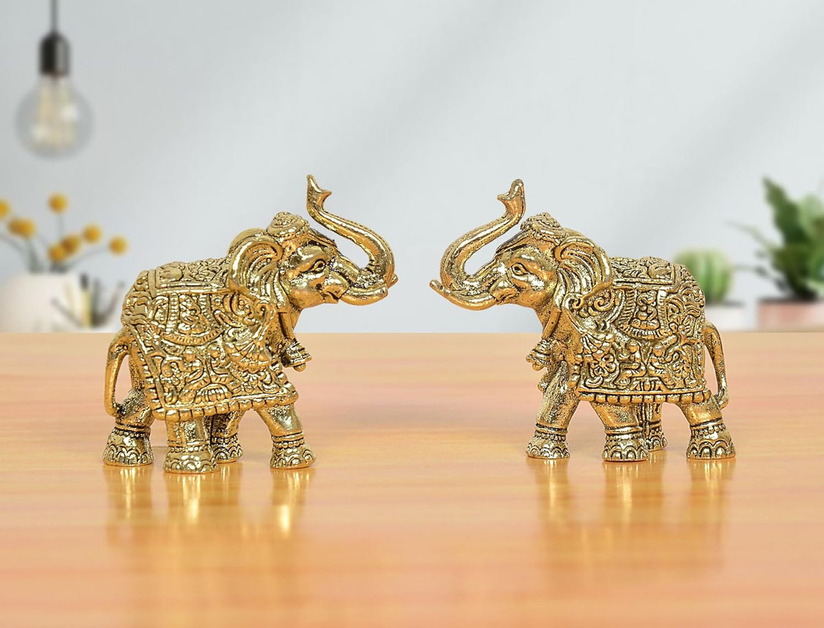 Brass elephant figurines set of 2, gold tone, trunks raised in greeting pose