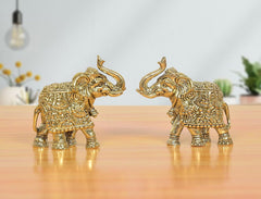 Brass elephant figurines set of 2, gold tone, trunks raised in greeting pose