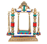 Brass jhula swing for idol, colorful beaded chains and teal-red frame
