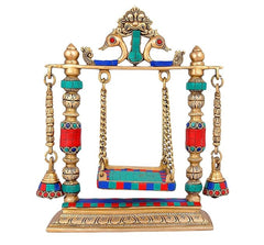 Brass jhula swing for idol, colorful beaded chains and teal-red frame