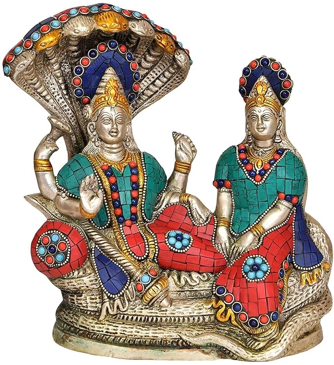 Brass Vishnu Lakshmi idol, seated with jeweled blue, red and gold mosaic detailing