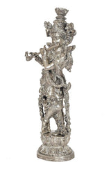 Silberne Krishna-Statue, 14 Zoll, Profilansicht, kunstvolle Ornamente am Gewand