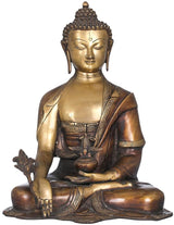 Antique brass Buddha statue, seated cross-legged with robe detailing and calm face