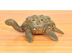 Brass tortoise figurine, ornate handcrafted shell with engraved medallions