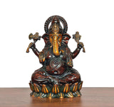Superfine brass Lord Ganesha idol, front view with crown-like headpiece and ornate jewelry