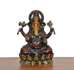 Superfine brass Lord Ganesha idol, front view with crown-like headpiece and ornate jewelry