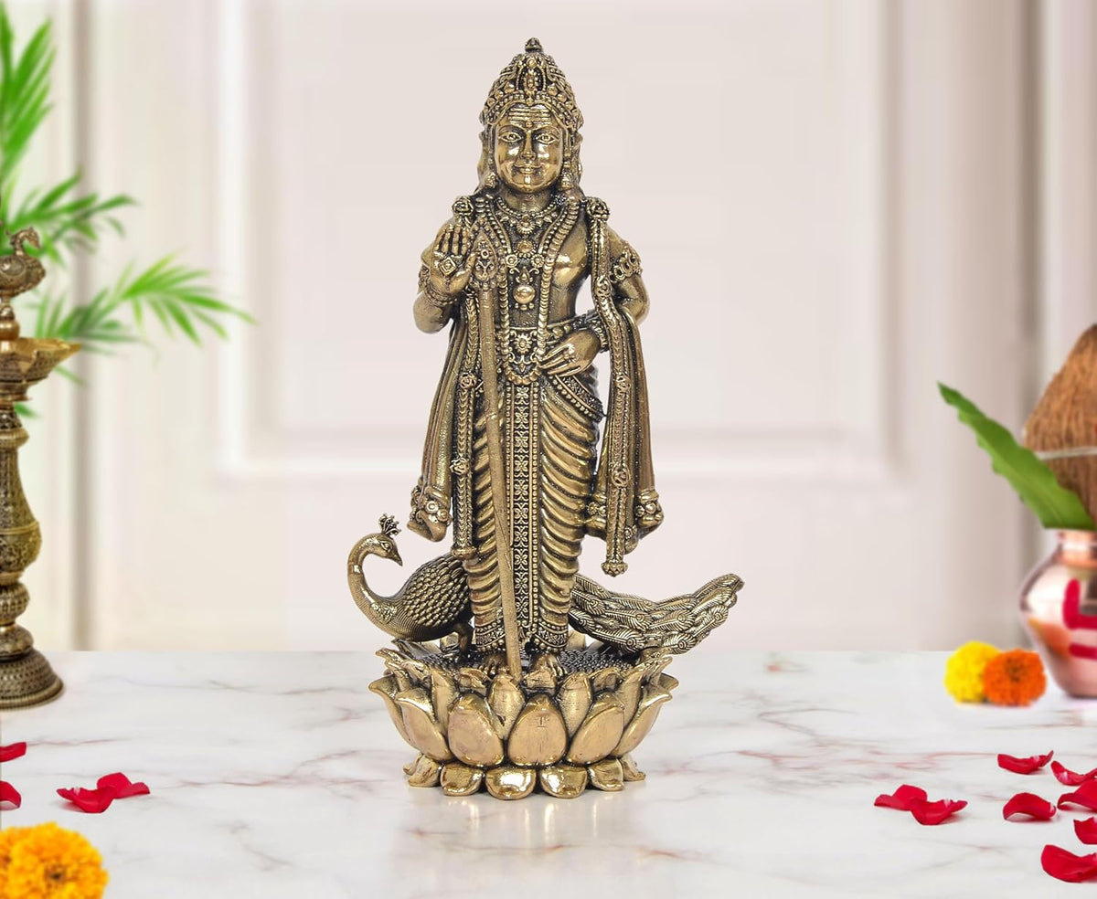 Brass standing Kartikeya Murti on lotus base, ornate jewelry, 8 inch height