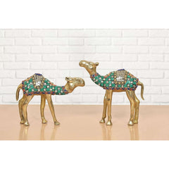 Brass camel figurine pair with green/blue/red beaded detailing, standing side by side