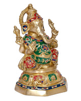 Brass Lord Ganesha figurine showing left pose, green robe with floral enamel accents