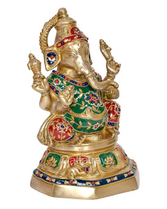 Brass Lord Ganesha figurine showing left pose, green robe with floral enamel accents