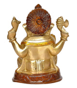 Ganesha idol back view, embossed halo and carved base, gold brass finish