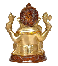 Ganesha idol back view, embossed halo and carved base, gold brass finish