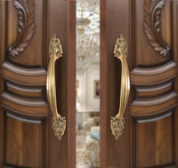 Brass door pull handle pair, ornate leaf escutcheons, golden finish