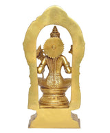 Brass Rajarajeshvari idol back view, large arched frame over seated figure