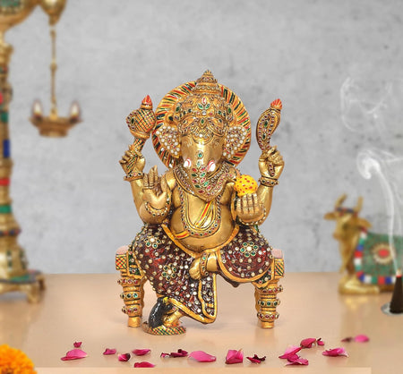 Brass Ganesha Statue Sitting On Chowki with Meenakari Work (Height 8 Inch)