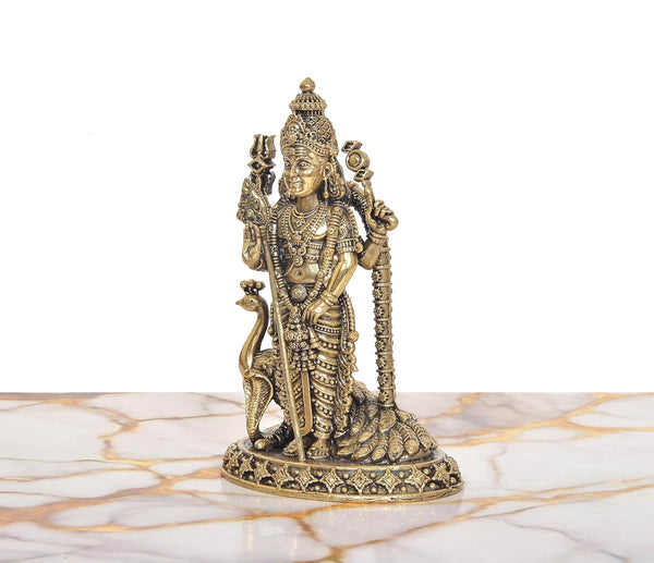 Superfine Brass Standing Lord Kartikeya with Peacock Murugan Murti (Height:6 Inch) Study Setting