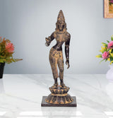 Brass Parvati statue idol with raised hand, gold details, standing on ornate base
