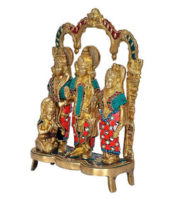 Ram Darbar deity set with four figures and arched halo, teal and red details