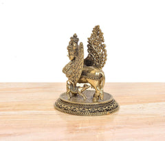 Kamadhenu cow idol with wings, calf companion, side profile, decorative base