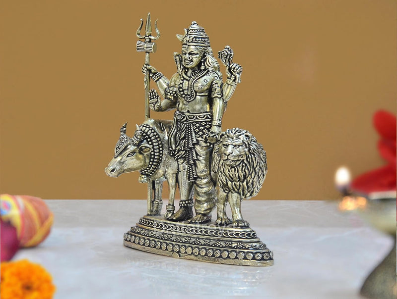 Bronze Ardhanarishvara Shiva and Parvati with Nandi and Lion | Pooja Home Decor Mandir | (Height : 4.5 inch)