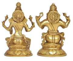 Brass Lakshmi and Ganesha idols, detailed back design with circular emblems
