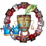 Krishna wall hanging playing flute, colorful circular iron design, 18.5 in diameter