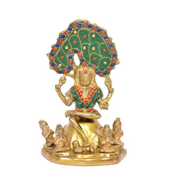 Brass Dakshinamurti Shiva statue on gold base, multicolor jeweled halo and attendants