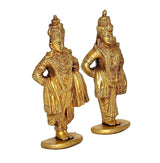 Brass Vitthal & Rukmini idols, angled side view, gold-toned detailing on robes
