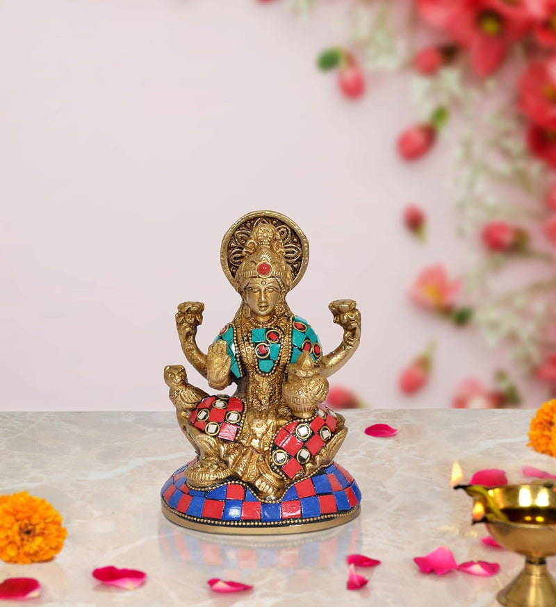 Brass Goddess Lakshmi with Beautiful Stone Work (Height: 5 Inch)