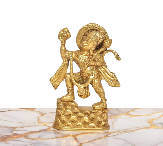 Brass Anjaneya Pavan Putra Bajrangbali Hanuman JI with Mountain Murti (Height: 8 Inch)