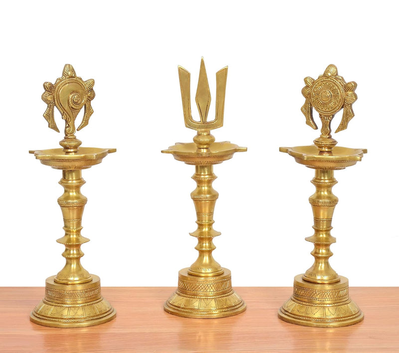 Brass Traditional Diya Shankh, Chakra, Naama Oil Lamp Tirupati Balaji Symbol (Height 12 Inch)