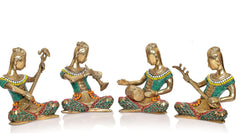Set of 4 brass female musicians statue figures with teal tops and patterned bases