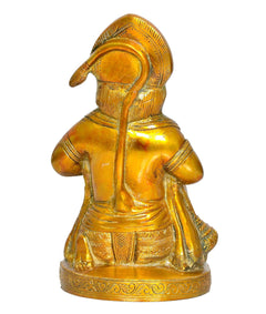 Brass Hanuman Ji statue, back view, seated form with detailed drapery