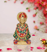 खाटू श्याम जी पीतल मूर्ति, लाल मुकुट, हरे वस्त्र, मनके सजावट