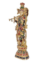 Brass Krishna murti side view, crowned head with decorated back halo, 30 in