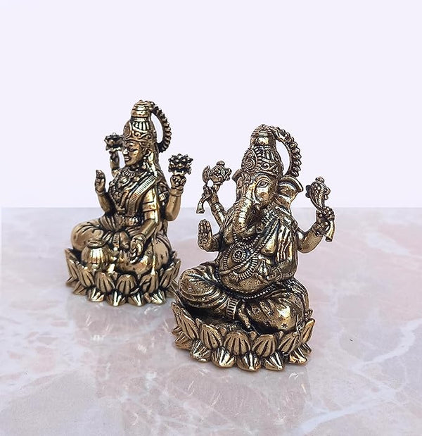 Super Fine Brass Lakshmi Ganesha Idol Laxmi Ganesh Diwali Pooja Gift Decoration Showpiece (Height 2 Inch) Study Setting