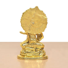 Saraswati Maa metal idol back view, ornate crown and golden finish