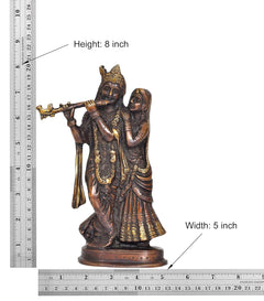 Brass Radha Krishna idol statue with dimensions shown: height 8 inch, width 5 inch