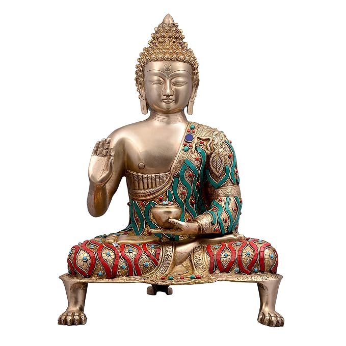 Brass Buddha statue idol, vitarka mudra, seated cross-legged on ornate base, 21-inch