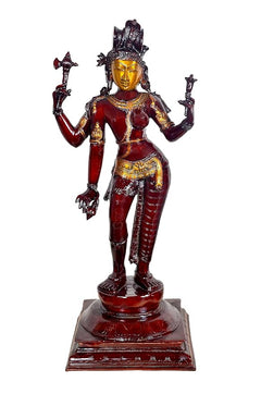 Brass Ardhanarishvara statue with four-armed tridents, red body and gold ornaments