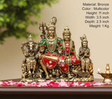 Superfine brass Shiv Parivar idol with multicolor painted robes and detailed crowns